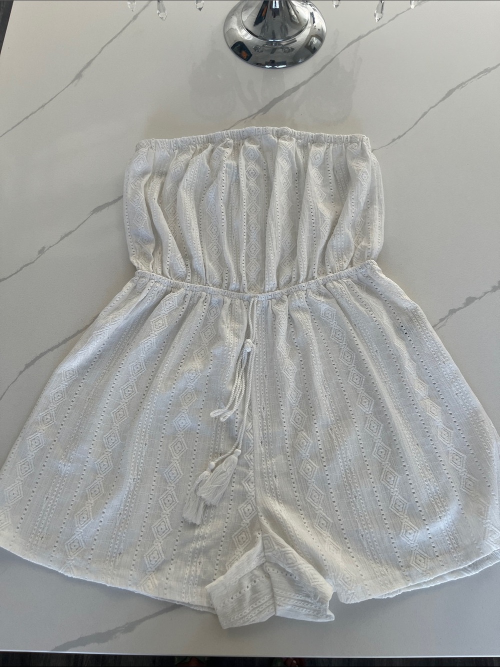 Strapless White Button-Front Shorts Romper